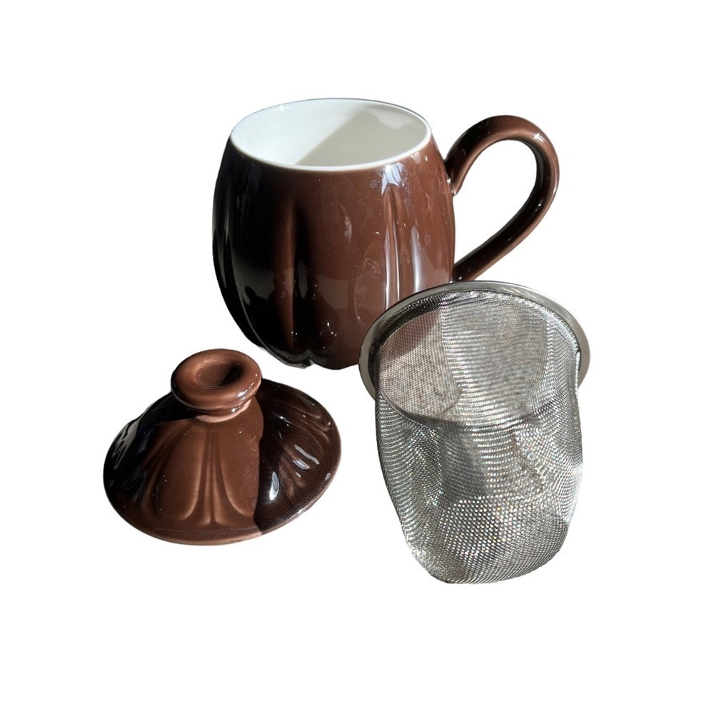 Teavana 8 oz Porcelain Personal Tea Mug Cup Infuser Strainer Lid 3 pc Set Brown